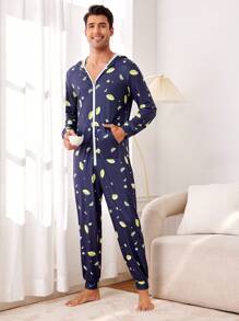 Men's Lemon Print Hooded Jumpsuit For Homewear - Multicolor - View 9