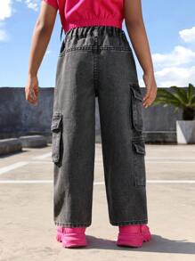 SHEIN Explorewe Young Girl Stylish Jeans With Multiple Accordion Pockets - Black - View 2