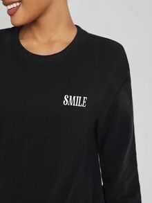 Noosie Regular Fit Round Neck Floral & Letter Pattern Women's Sweatshirt - Black - View 4