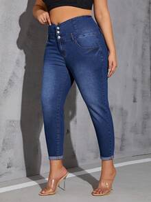 SHEIN SXY Kích thước lớn Của phụ nữ Eo cao Quần jean ôm Với Nhiều Và Chật hẹp Đôi chân - Màu xanh lam - Xem 6