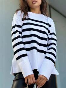 開衩下擺條紋落肩毛衣 - 白色 - 查看 1
