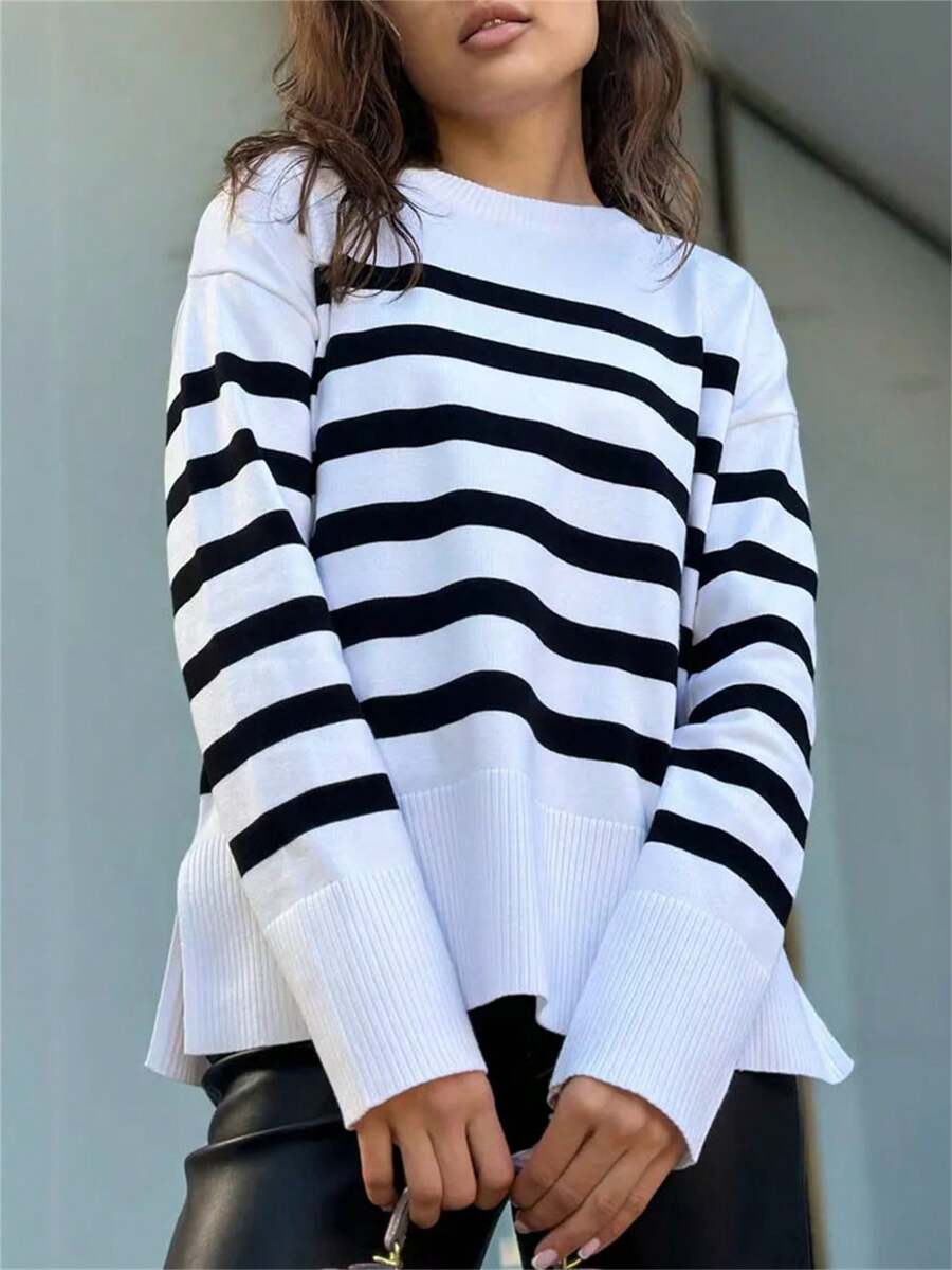 開衩下擺條紋落肩毛衣 - 白色 - 查看 1