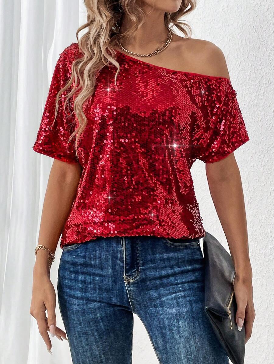 SHEIN LUNE Camisa De Lentejuelas Con Cuello Asimétrico - Rojo - Ver 1