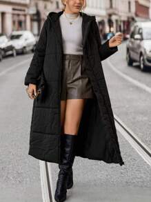 SHEIN LUNE 加双口袋连帽长款加厚棉服外套，适合冬季服装 - 黑色 - 查看 5