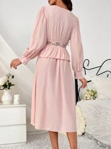 Lace Splice Tie Front Flare Sleeve Night Dress - Baby Pink - View 2
