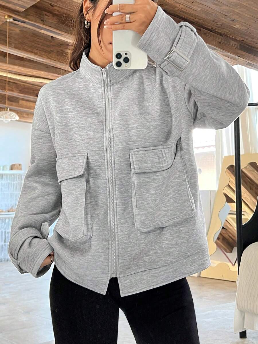 SHEIN Unity 落肩有蓋口袋夾克 - 灰色 - 查看 1