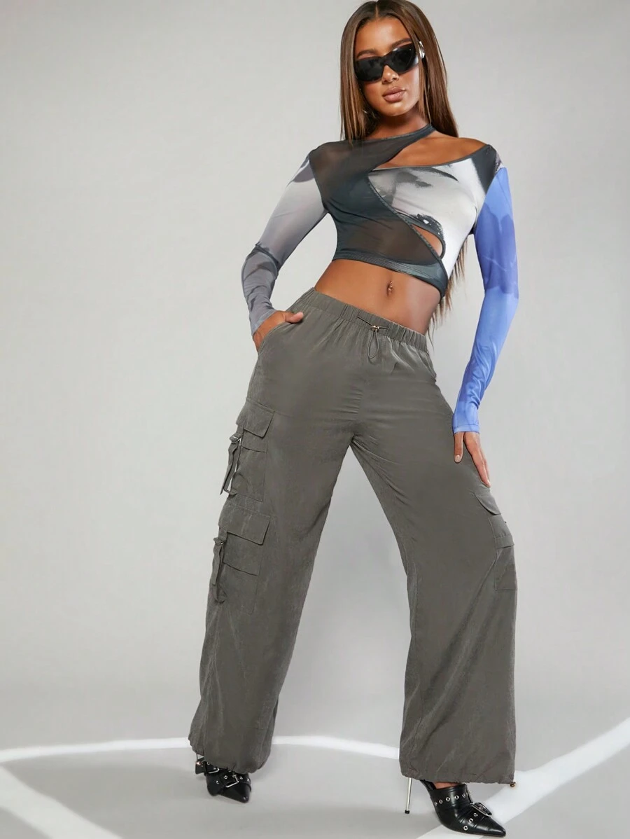 Hauture 净色翻盖口袋抽绳腰部工装裤 - 深灰色 - 查看 1