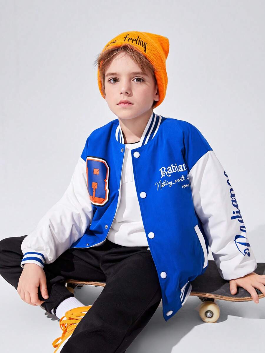 SHEIN Áo khoác độn vai Tween Boy Letter Graphic Sọc Viền Thả Vai - Màu xanh lam - Xem 1