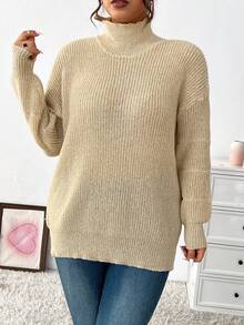 Celure Suéter De Color Sólido De Talla Grande Con Cuello Alto Y Hombros Caídos - Albaricoque - Ver 4