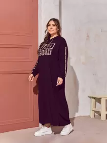 Mulvari 大尺寸字母印花連帽衫抽繩腰部開衩下擺連身裙 - 中紫紅色 - 查看 5