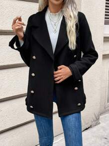 SHEIN Frenchy 女式翻領毛呢大衣,雙排扣設計 - 黑色 - 查看 3
