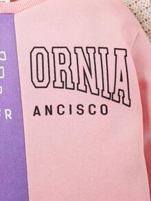 SHEIN Girls' 2pcs/set Casual Sportswear, Including Color-blocked Sweatshirt With Letter Print And Sports Pants. Suitable For Autumn And Winter Seasons. - Purple - View 7