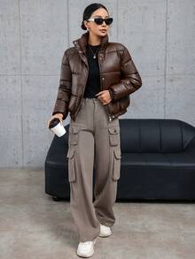 SHEIN Essnce 女士冬季纯色 PU 皮革前拉链休闲短款加厚棉服外套 - 咖啡棕 - 查看 4