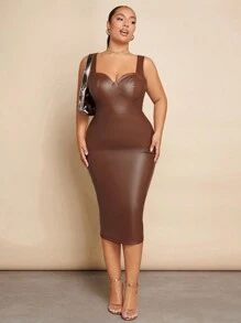 SHEIN BAE 大尺碼人造皮革修身束腰連衣裙 - 棕色 - 查看 1
