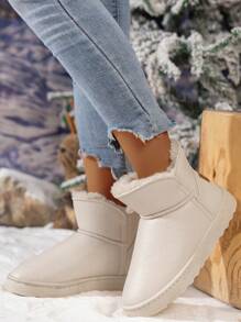 女性保暖荔枝紋pu皮雪地靴,低筒設計,白色時尚款 - 米色 - 查看 1