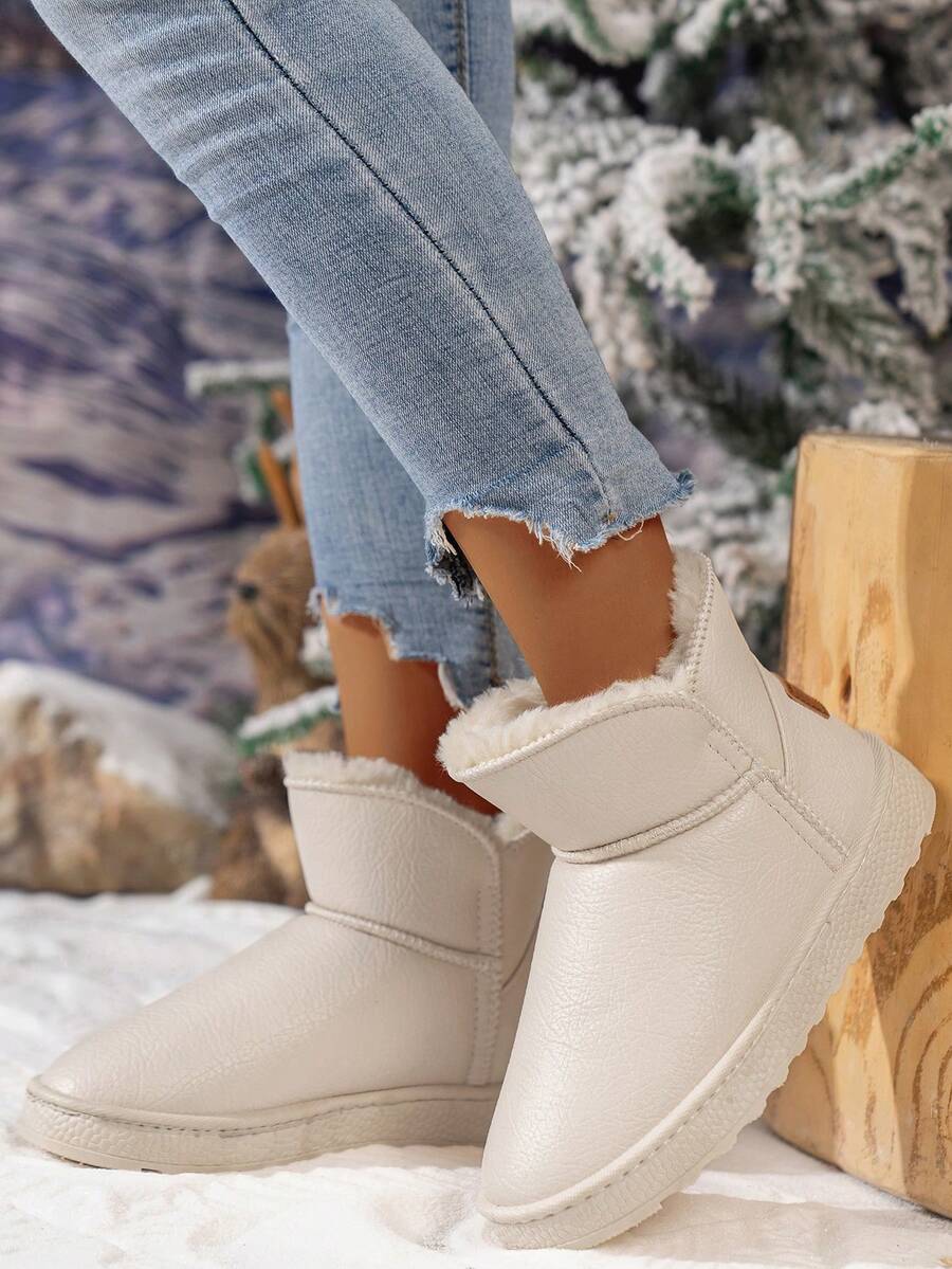 女性保暖荔枝紋pu皮雪地靴,低筒設計,白色時尚款 - 米色 - 查看 1