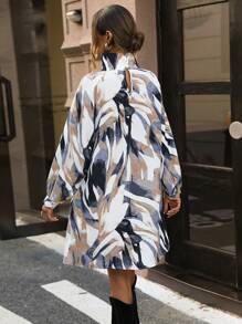 SHEIN Privé 全印花高領燈籠袖裙子,不帶皮帶 - 彩色 - 查看 2