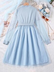 Thiếu niên Cô gái Đan Dệt hoa Chấm bi Lưới Đầm - Màu xanh lam - Xem 2