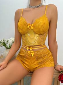 Women's Lace Splicing And Chain Detail Pajama Set - Yellow - View 4