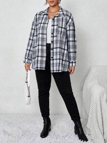 SHEIN Franclia Plus Plaid Print Drop Shoulder Shirt - Multicolor - View 5