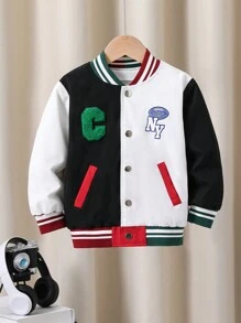 SHEIN Boys' Loose Fit College Style Color Block Patchwork Letter Print Jacket - Multicolor - View 1