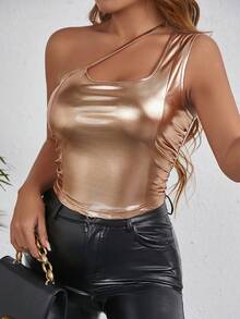 SHEIN Allurite 女士不對稱領褶皺金屬面料上衣 - 金色 - 查看 5