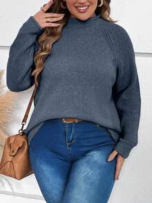 SHEIN LUNE 大尺碼女款立領插肩袖套頭毛衣 - 寶藍色 - 查看 3