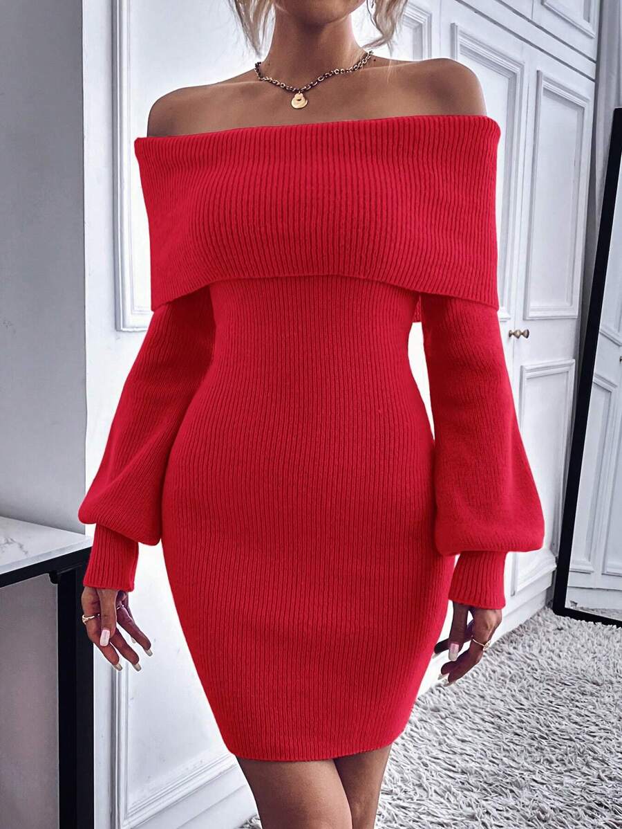 GENKIRA Của phụ nữ Màu thuần Off Shoulder Tay áo lồng đèn Thon gọn Đầm Áo len - Đỏ - Xem 1