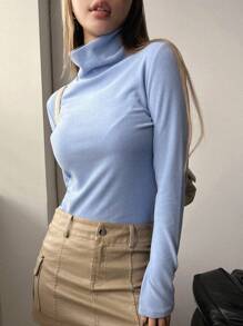 DAZY Áo thun nữ cổ cao đáy phồng - Màu xanh lam - Xem 5