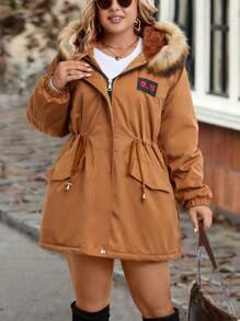 SHEIN LUNE Plus 字母貼片抽繩腰部毛絨飾邊連帽派克大衣保暖 - 彩色 - 查看 3