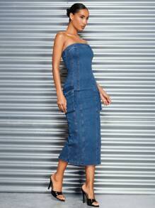 SHEIN BAE Work Denim Midi Dress - Blue&Denim Dress - Blue - View 4