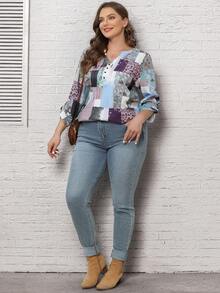 EMERY ROSE Camisa De Talla Grande Con Cuello Con Muesca Estampado Y Parcheado - Multicolor - Ver 5