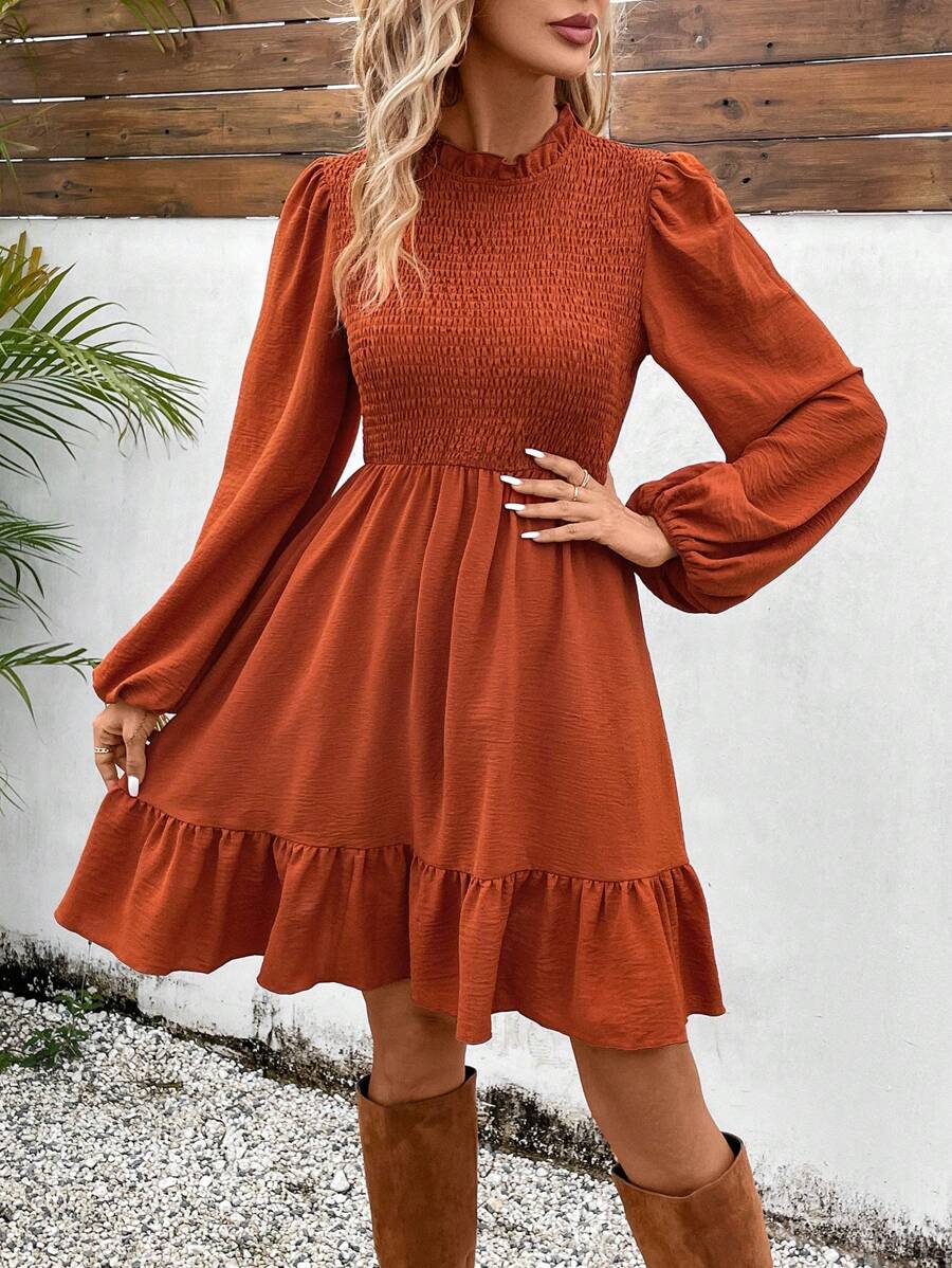 SHEIN VCAY Vestido De Manga De Linterna Sólido Con Línea De Dobladillo Con Volantes Para Mujer - Naranja Quemada - Ver 1