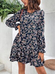 SHEIN VCAY 女士花卉印花圓領裙,搭配荷葉邊 - 彩色 - 查看 6