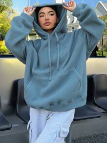 DAZY Của phụ nữ Màu thuần Thư thêu Dây rút Hoodie - Màu xanh lam - Xem 3
