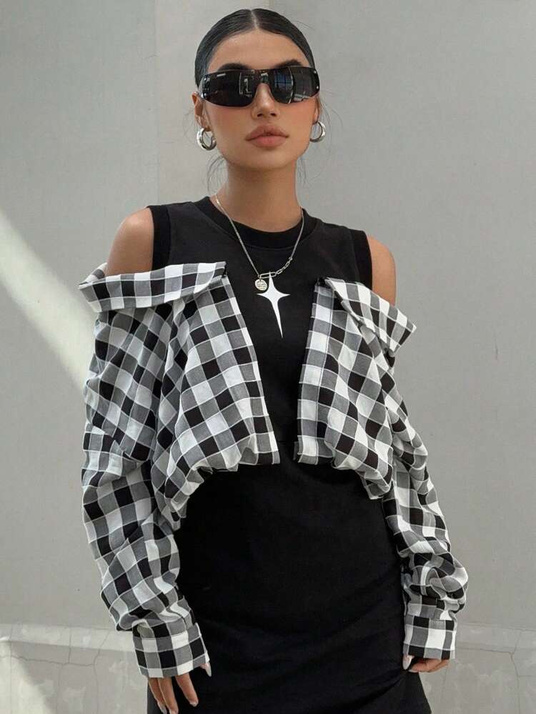 Women's Plaid Patchwork Off Shoulder Batwing Sleeve Dress,Mini Dress,Fall Dress Long Sleeve Dress