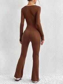 SHEIN Essnce Women'S Square Collar Texture Unitard Jumpsuit - Brown - View 6