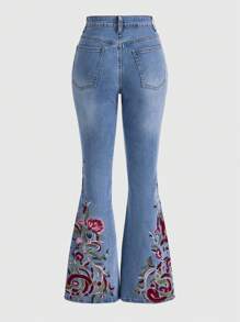 ROMWE Hippie Jeans acampanados con bordado floral para damas, escolar