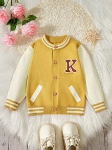 Chaqueta De Punto Impresa Con Cartas Y Dibujos Animados Para Niños Pequeños - Amarillo - Ver 1