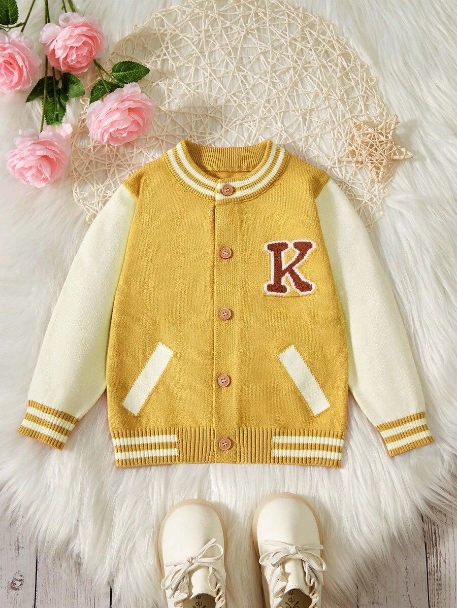 Chaqueta De Punto Impresa Con Cartas Y Dibujos Animados Para Niños Pequeños - Amarillo - Ver 1