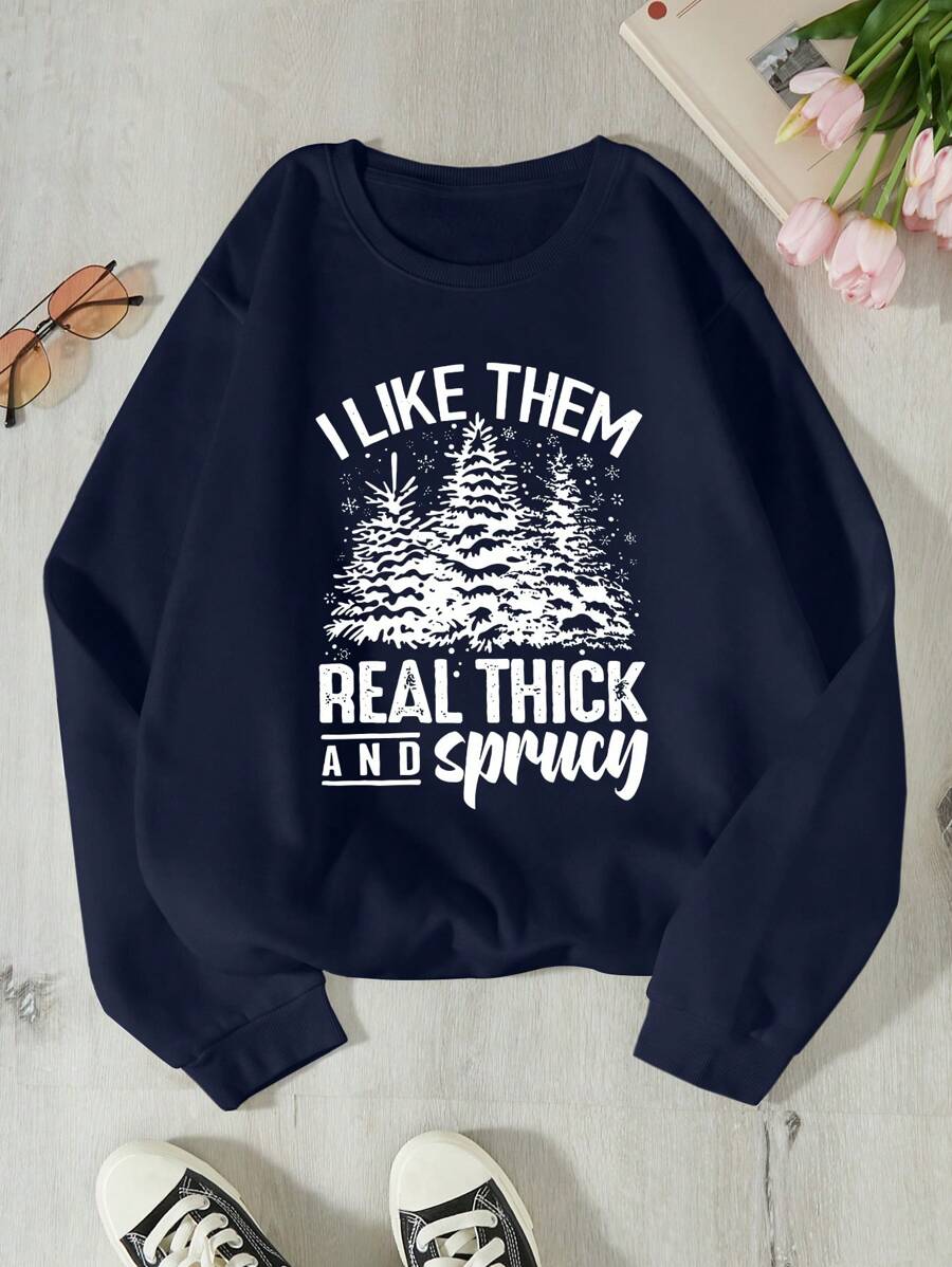 SHEIN EZwear Của phụ nữ Cây thông Noel Lông cừu Áo nỉ - Màu xanh hải quân - Xem 1