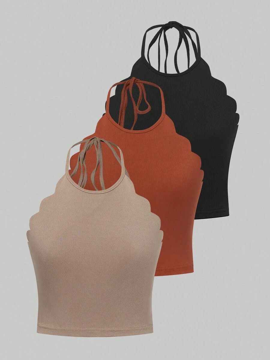 SHEIN Essnce 3pcs Của phụ nữ Màu thuần Halter Neck Áo ba lỗ - Nhiều màu - Xem 1