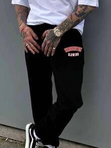 男士字母印花運動褲 - 黑色 - 查看 1