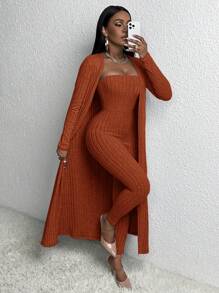 Slaydiva Bộ đồ liền thân hai mảnh vải thô chải kỹ hở phía trước đơn giản và bó sát Casual Home cho nữ mùa xuân và hè - Gỗ đỏ - Xem 5