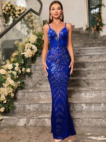 Đầm dự tiệc đính sequin hoa dây mảnh cho nữ - Xanh đậm - Xem 4