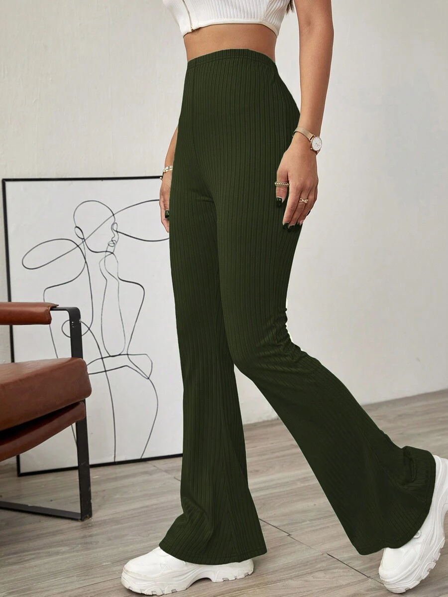 EURMUSE Solid Color Bell Bottom Pants - Green - View 1