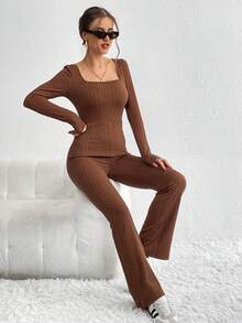 SHEIN Essnce Women'S Square Collar Texture Unitard Jumpsuit - Brown - View 2