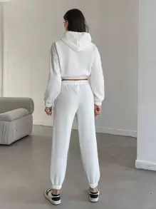 EURMUSE Women's Solid Color Drop Shoulder Long Sleeve Cropped Hoodie And Pants Casual 2-Piece Set - White - View 5