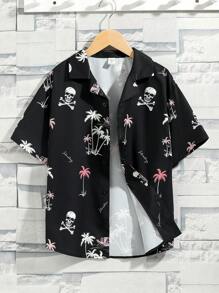 SHEIN 男童椰樹圖案印花折領寬鬆編織襯衫,適用於假期 - 黑色 - 查看 3