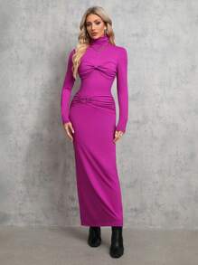 SHEIN Tall 女款高領荷葉邊細節連身裙 - 粉色 - 查看 3